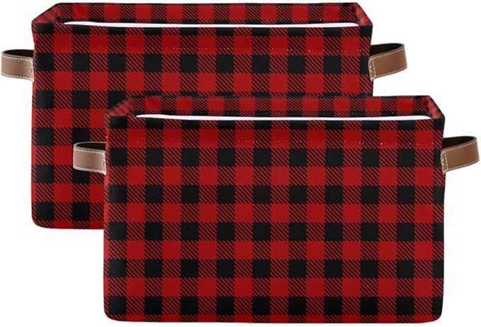 Christmas Red Buffalo Plaid Storage Basket Fabric Laundry Baskets Winter Holiday Decorations Storage Boxes Organizer Bag for Baby Cloth Dog Toy Book Storage Cubes Shelf Closet Bins 16×12×8 Inches