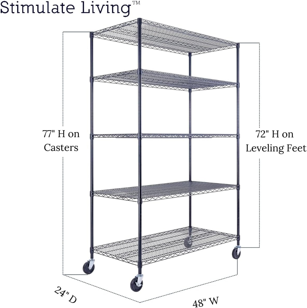 48"x24"x72" Prime Heavy Duty Black 5-Tier Steel Wire Shelving NSF 4000 LBS MAX Capacity Storage Rack for Commercial, School, Home, Garage, Warehouse, Industrial, and Hospital Uses (with Wheels)