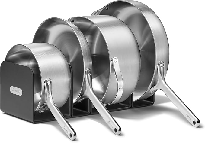 Caraway Stainless Steel Cookware Set (4 Piece) - 5-Ply Stainless Steel Pots & Pans - Includes Fry Pan, Sauce Pan, Sauté Pan, Dutch Oven, 3 Lids & Storage - Non Toxic, PTFE & PFOA Free