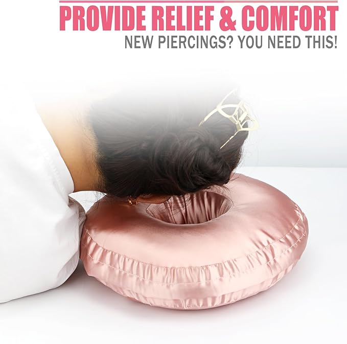 Satin Ear Piercing Pillow Removable Cover Luxury Cnh Pillow with Ear Holes for Ear Pain Side Sleepers Washable Large Donut Pillows Head Neck Support Coral