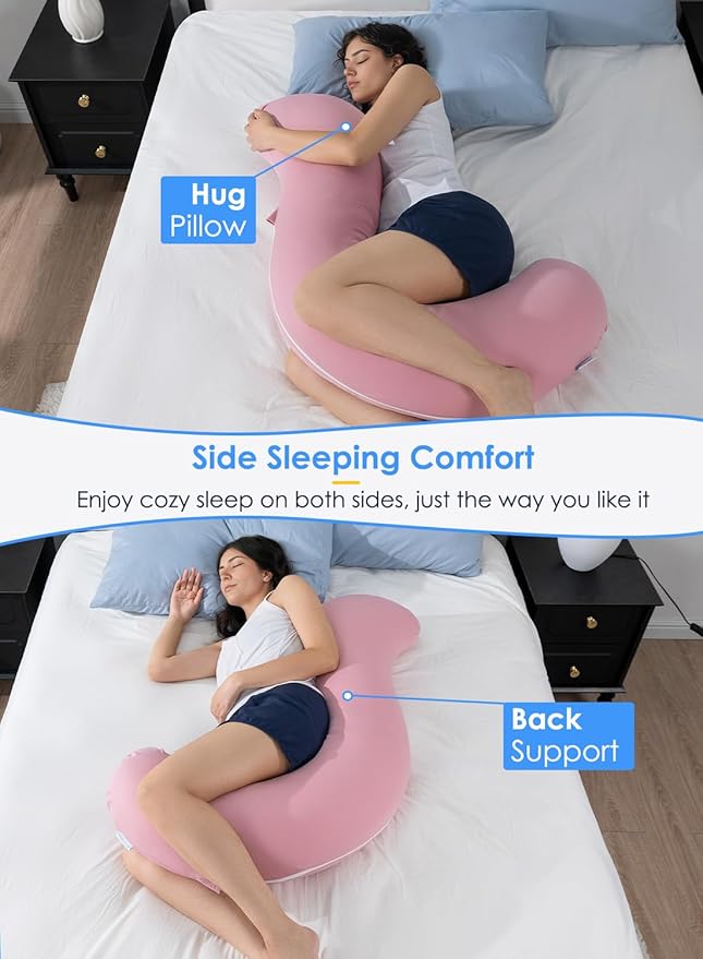 QUEEN ROSE Cooling Body Pillow, Full Body Support Pillow for Side Sleepers, Soft S Shaped Hug Pillow for Adults, with Removable Pillowcase, Pink