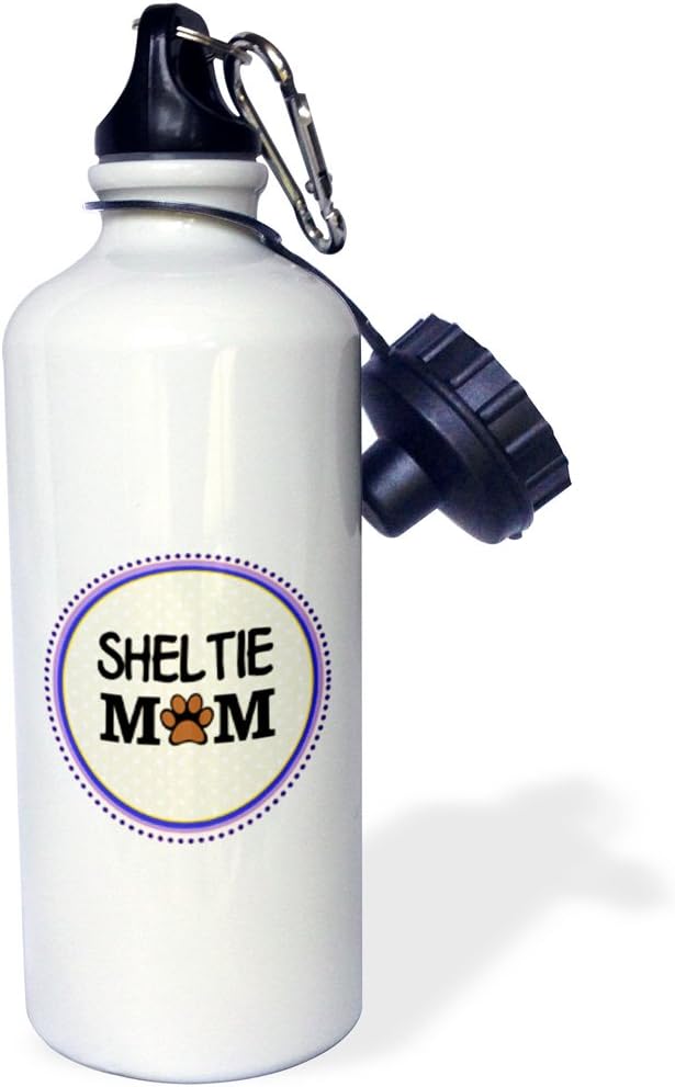 3dRose Sheltie Dog Mom-Shetland Sheepdog-Doggie Mama By Breed-Paw Print Love Doggy Lover Pet Owner Sports Water Bottle, 21 oz, White