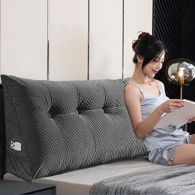 Gradient Velvet Triangular Wedge Pillow, Removable Cover Headboard Pillow for Daybed, Backrest Positioning Support Pillow Cushion Resting Reading Relaxing (Beige, Full(54 * 20 * 8in))