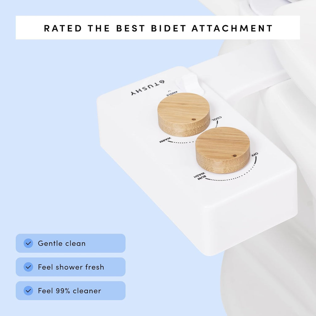 TUSHY Spa Warm Water Bidet Attachment for Toilet. Universal Fit, Easy Install (Requires Sink Access for Optional Temperature Control) Self Cleaning, Adjustable Pressure, Angle Control, Blue/Bamboo