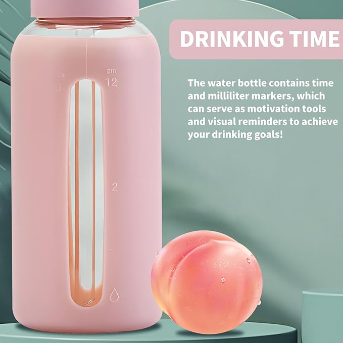 27 Oz Hydration Bottle,Minimalist Glass Water Bottle With Silicone Sleeve,Wide Mouth Opening With 2 Lids,Train Straws,Gift for Kids/Adults,Sport Glass Water Bottle for Gym/Yoga/Outdoor (Pink, 27 oz)
