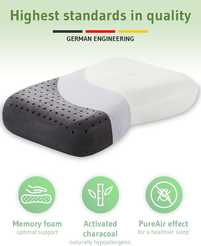 Cervical Pillow NuMOON Aloe Vera | Memory Foam with Bamboo Charcoal | Pillow for Pain Relief | Skin Care Pillowcase | Back and Side Sleepers Pillow | Cervical Pillow Against Shoulder & Neck Pain