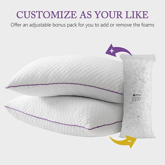 BPC Cooling Shredded Memory Foam Pillow Queen Size - Adjustable Medium Firm Pillow with Removable Cover Bed Pillows for Sleeping Side Stomach and Back Sleepers, CertiPUR-US