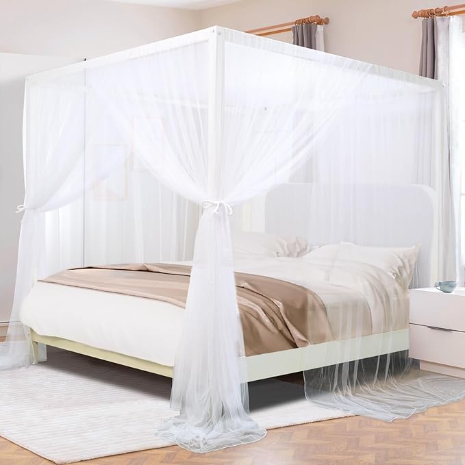 tupi Canopy Bed Curtains for King/Queen Size Bed, 4 Poster Bed Canopy, Elegant White Mosquito Net, 4 Corner Canopy Curtain with 4 Openings, Ultra Ripstop Polyester, Easy Installation