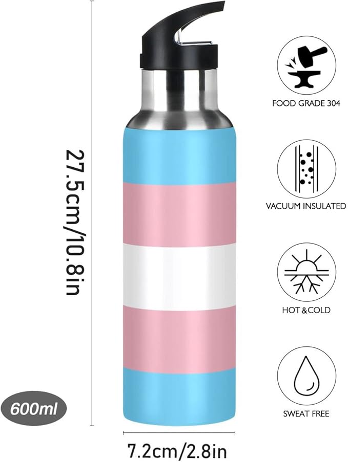 20 OZ Transgender Pride Flag Sports Water Bottle,Double Wall Vacuum Insulated Stainless Steel Pride Water Bottle with Straw Keeps Hot and Cold,Bike Running Travel Gym, Pride Month Day Gifts