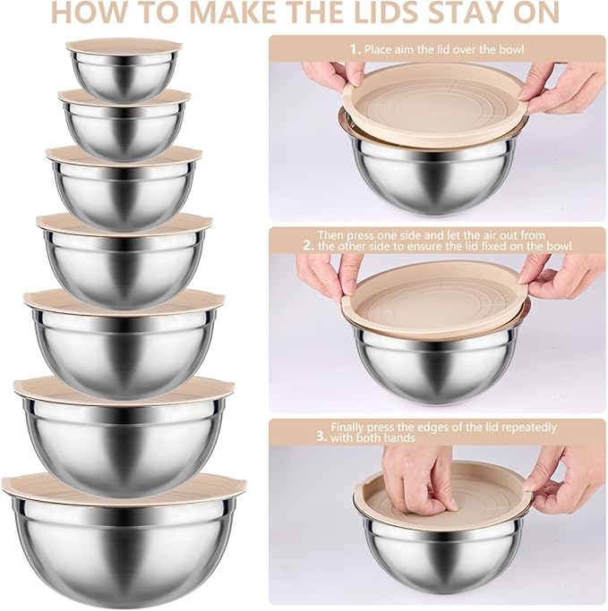 Mixing Bowls with Lids set - 26 PCS Stainless Steel Nesting Khaki Mixing Bowls Set for Baking,Mixing,Serving & Prepping,Size 5, 3.7, 2.8, 2.3, 1.7, 1.1, 0.7QT,12 Cooking Utensils
