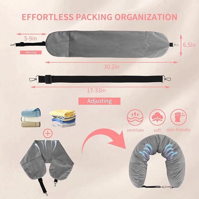 Stuffable Travel Pillow for Extra Luggage, Travel Neck Pillow Stuffable with Clothes, Stuffable Neck Pillow for Travel, Velvet Travel Neck Pillow Storage Bag, Fillable Luggage Pillow (Grey)