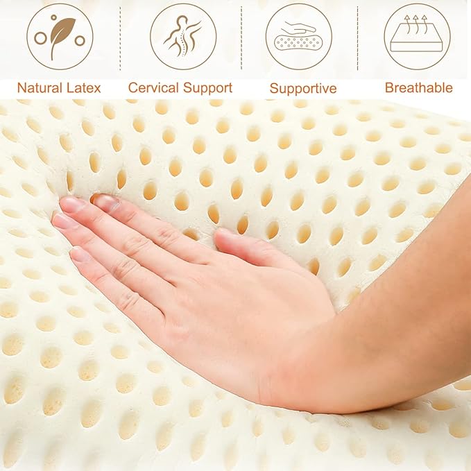 Royalisneeo 100% Talalay Natural Latex Pillow, Medium Support Bed Pillow Helps Relieve Pressure,Perfect Package Best Gift with Removable Cotton Cover for Back, Stomach and Side Sleepers