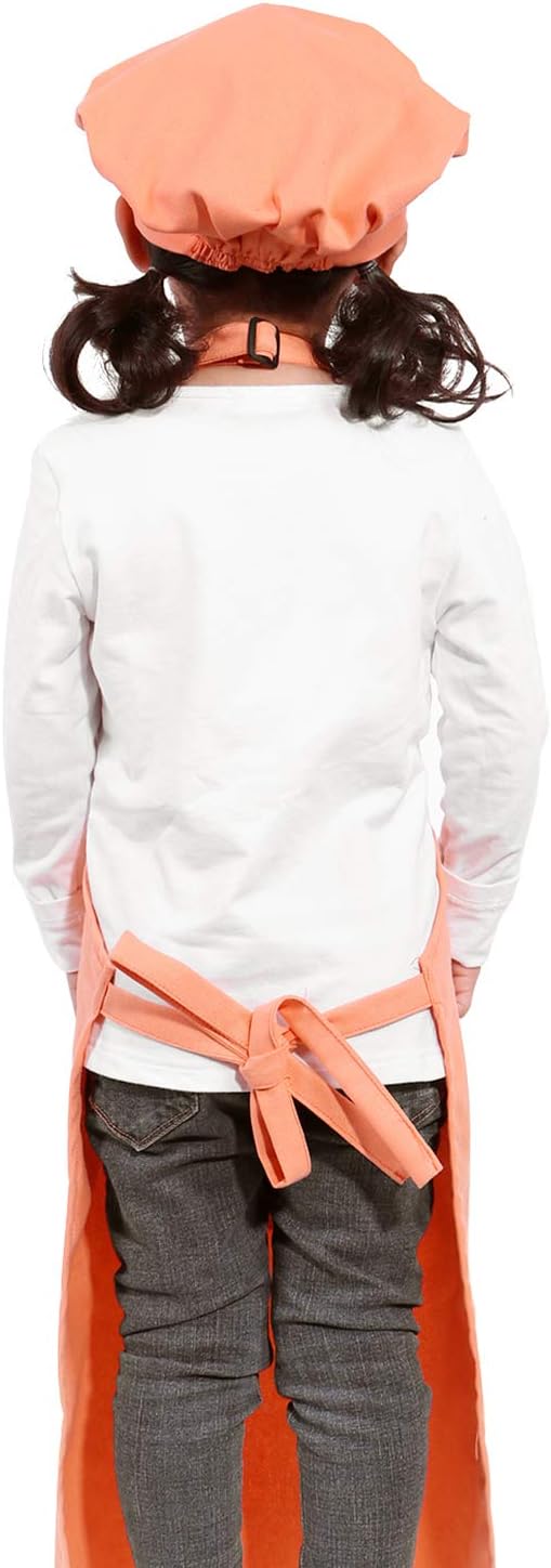 Kids Apron and Chef Hat Set-Adjustable Child Apron for Boys and Girls for Cooking Baking Light Orange