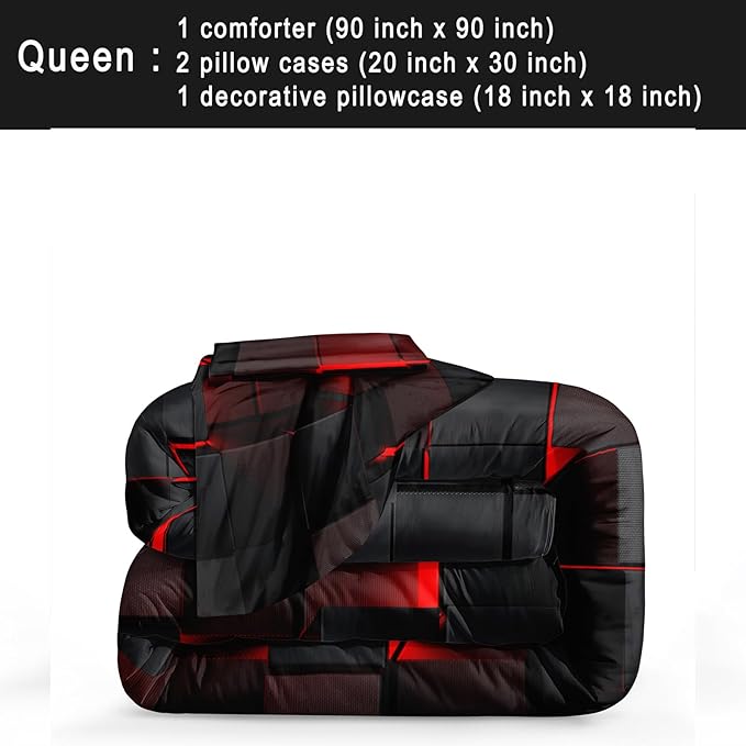 Bedbay Black Checkered Comforter Set Queen Size Plaid Bedding 4 Pcs Stereoscopic Glowing Square Geometric Printing Quilt Set Boys Girls Black Red Grid Bedding Set Queen Duvet Set (Red Black,Queen)