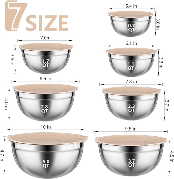 Mixing Bowls with Lids set - 26 PCS Stainless Steel Nesting Khaki Mixing Bowls Set for Baking,Mixing,Serving & Prepping,Size 5, 3.7, 2.8, 2.3, 1.7, 1.1, 0.7QT,12 Cooking Utensils