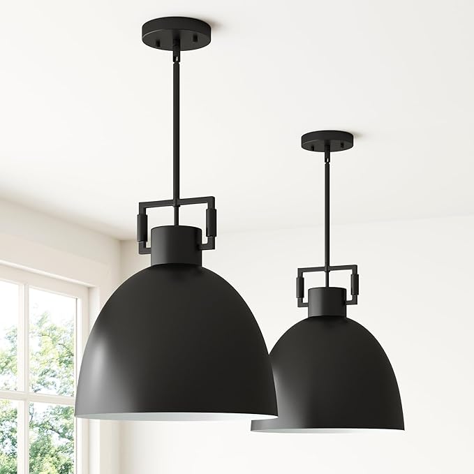 Nathan James Leigh Pendant Lighting, Hanging Ceiling Light with Oversized Metal Shade and Adjustable Cord, for Kitchen Island or Entryway, Matte Black