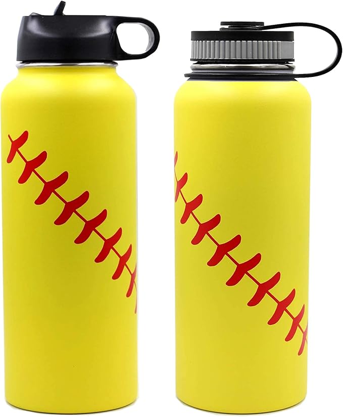 40 oz Softball Water Bottle, Sports Flask Metal Travel Tumbler with 2 Lids 18/8 Stainless Steel Double Wall Vacuum Insulated Hot/Cold (40oz, Yellow Softball)