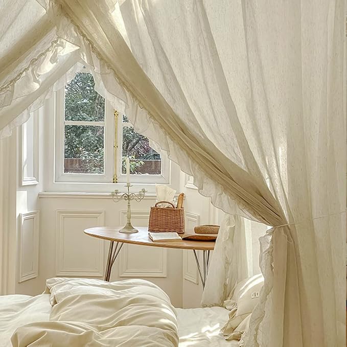 Elegant Modern Linen Princess 4 Corner Post Mosquito Net Romantic for Girls Women Bed Curtain Canopy for Adult Wedding Bedroom Kids Rooms Decoration (White-Beige, Full)