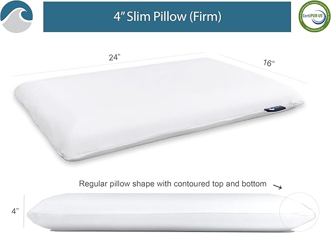 Bluewave Bedding Slim Gel Memory Foam Pillow for Stomach, Back and Side Sleepers - Therapeutic Design for Spinal Alignment, Better Breathing and Enhanced Sleeping (4-Inches Height, Standard)