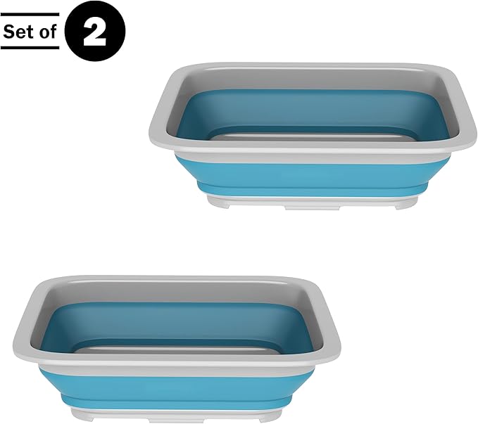 Set of 2 Multipurpose Wash Bins – 10-Liter Basins for Camping, Parties, or Cleaning – Collapsible Bucket Set by Wakeman (Blue)