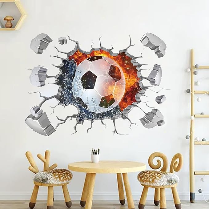 3D Soccer Wall Stickers Removable Soccer Wall Decals for Boys Break Through The Wall Vinyl Football Soccer Wall Stickers Murals Vinyls Decals for Teenager Room Playroom Decor (T0188)