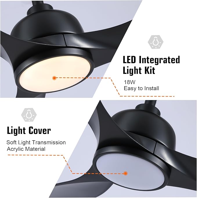 42 Inch Black Ceiling Fan with Light, Remote Control, 3 Color Changing, Dimmable, Reverse Function, Quiet, 6 Speed, Ideal for Living Room, Bedroom, Balcony