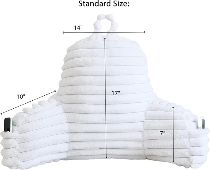 Faux Fur Fluffy White Reading Pillow with Pockets, Luxury Striped Plush Decorative, Arm Rests and Back Surport for Bed Rest, Lounging on sofa, Standard