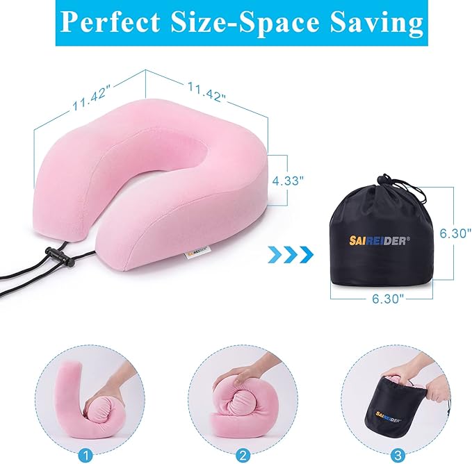 SAIREIDER Travel Neck Pillow 100% Memory Foam, Airplane Rest Prevents Head from Falling Forward, Plane Accessories with Storage Bag, Sleep Mask and Earplugs (Pink)