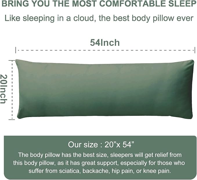 DOWNCOOL Large Body Pillow Insert- Breathable Full Body Pillow for Side Sleeper - Soft Long Bed Pillow for Adults - 20 x 54 inch (Green)