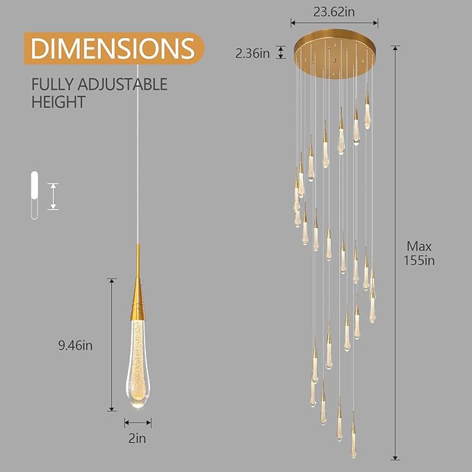 LMQNINE 24 Light Modern Crystal Chandelier Dimmable LED High Ceiling Chandelier Crystal Bubble Gold Pendant Lights Living Room Lobby 120W Staircase Chandeliers