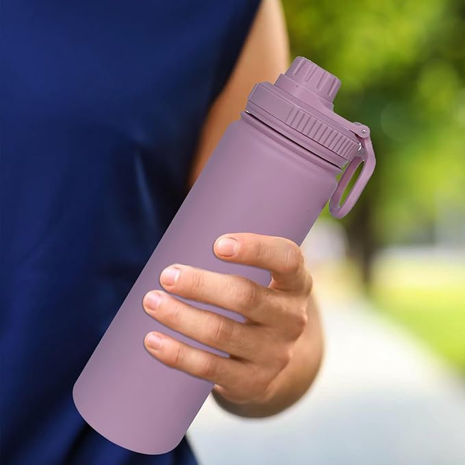 22oz Insulated Water Bottle ，Stainless Steel Sports Water Cup Flask with 2 Lids, Wide Mouth Travel Thermal Mug,Outdoor Sports Bottle（Jelly Purple）