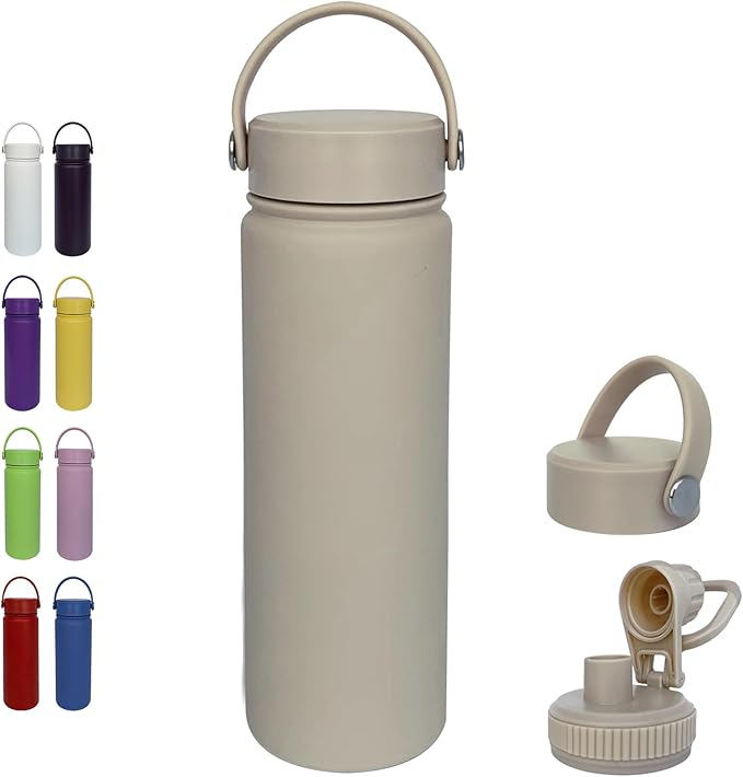 22oz Insulated Water Bottle ，Stainless Steel Sports Water Cup Flask with 2 Lids, Wide Mouth Travel Thermal Mug,Outdoor Sports Bottle（Cream apricot）