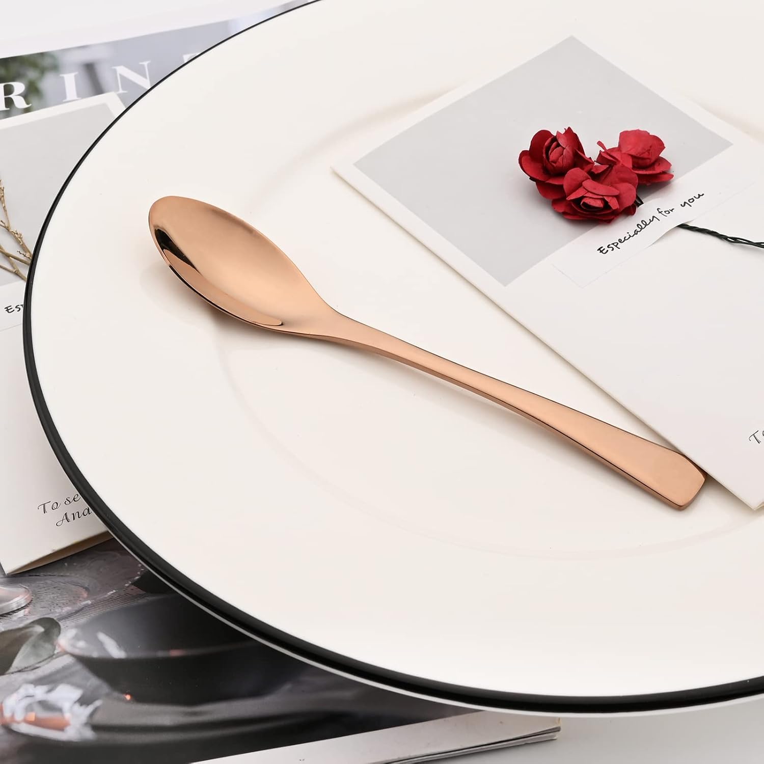 24-Piece Copper Flatware, Mirror 18/10 Stainless Steel Modern & Luxury Dinnerware Set With Serrated Steak Knife Teaspoon For Daily Use or Dinner Party Restaurant - Service For 4