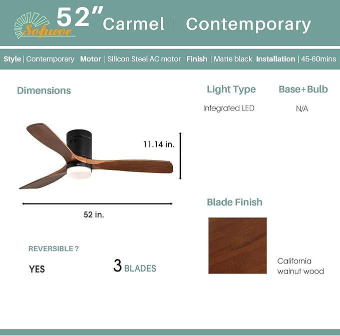 Sofucor 52 inch Ceiling Fan with Lights and Remote Control, Flush Mount Wood Ceiling Fan with Quiet Energy Saving DC Motor, for Living Room, Bedroom and Covered Outdoor