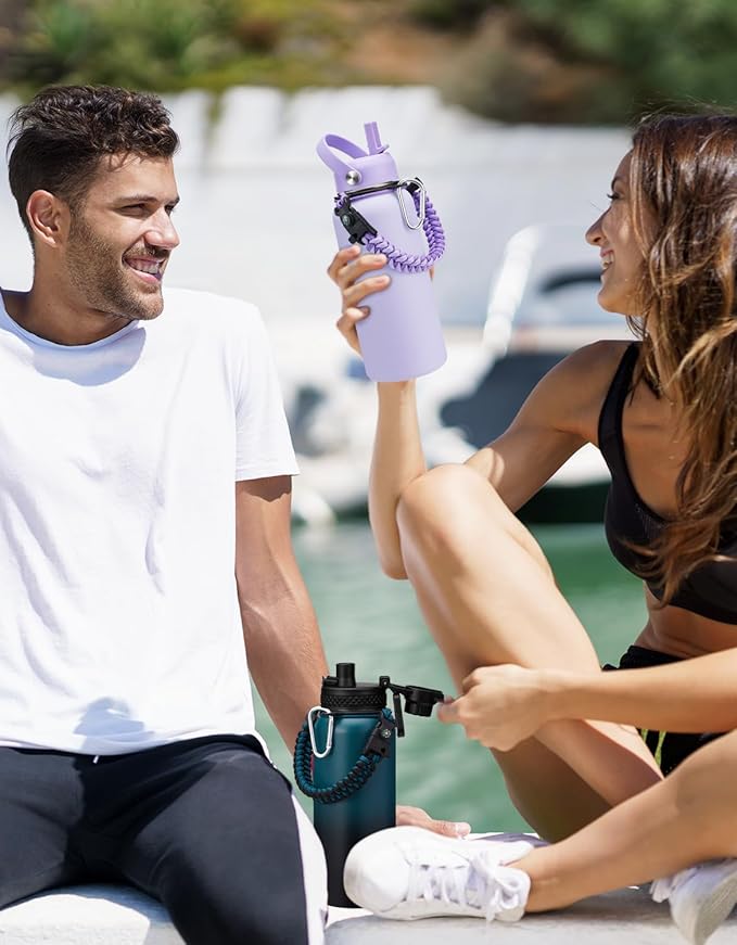 32oz Insulated Water Bottle Flask - Cold-48h & Hot-24h, Stainless Steel Water Bottle Hydro Cup with Paracord Handle, Straw & Spout Lids, Strap Carrier Bag, Meta Water Bottle for Sports Fitness Hiking