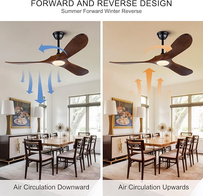 BOJUE 52 Inch Indoor Outdoor 3 Wooden Blades Remote Control with Light Modern Ceiling Fan for Terrace Living Room Bedroom (Deep Walnut Blades)