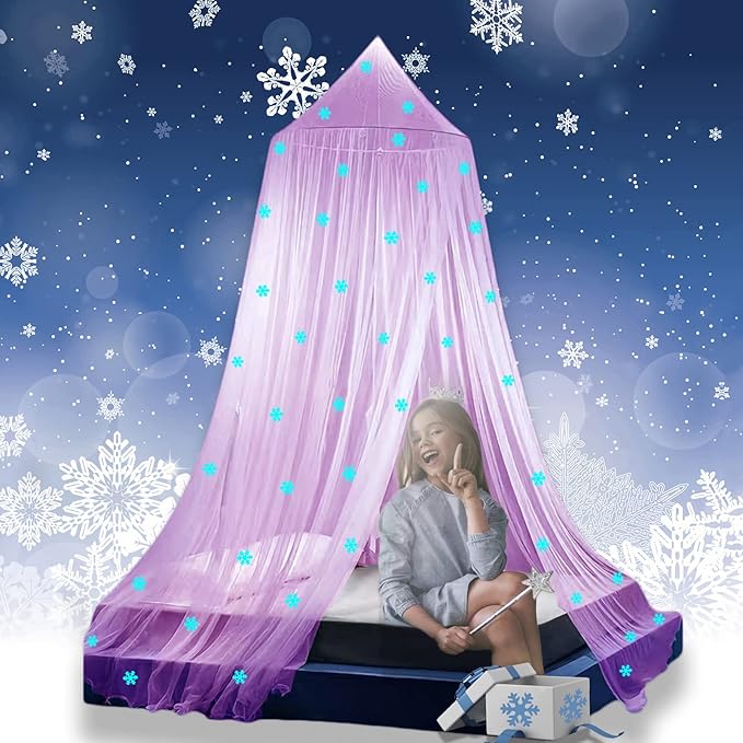 Eimilaly Princess Bed Canopy Glow in The Dark, Christmas Snowflakes Bed Canopy for Girls Room Decor, Encrypted Fabric, Pink
