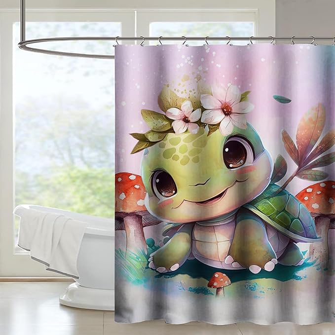 AILONEN Kawaii Sea Turtle Shower Curtain,Tie Die Ocean Animal Themed Bath Curtain Cloth Fabric Bathroom 36" W*72" H Inch,12 Pack Hooks for Kids,Sea Animal with Mushroom Bathroom Curtain