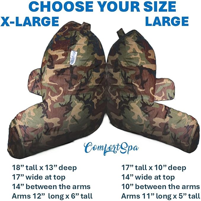 ComfortSpa Reading Pillow for Bed Adult Size, Back Rest Pillow with Arms, Pockets, Washable Cover; Use as Back Pillow for Bed Sitting Up for Bedrest or Relief from GERD Heartburn (Large Camouflage)