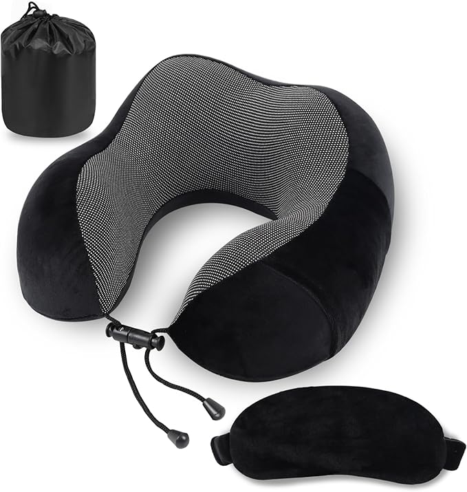Pure Memory Foam Travel Pillow Set for Adults - Comfortable & Breathable Removable Cover, Airplane Travel Kit with Eye Mask & Portable Storage Bags for Plane Accessories - Black