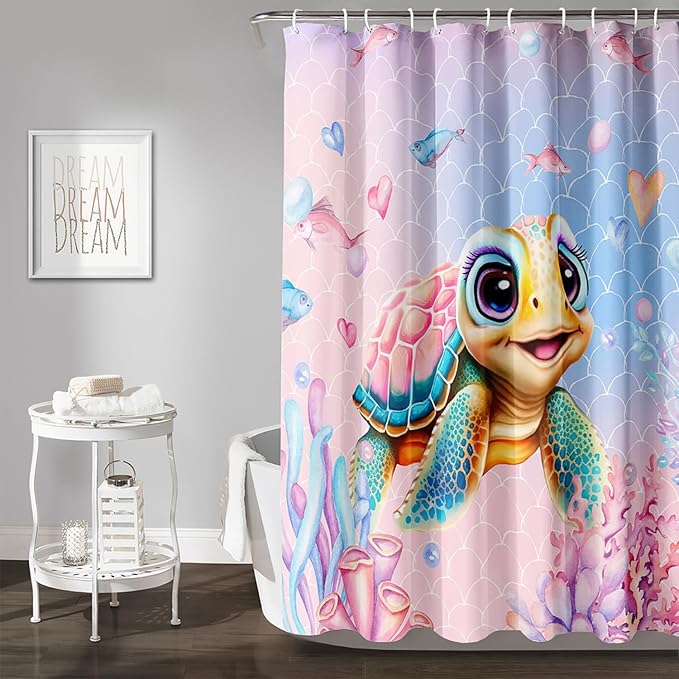 AILONEN Kawaii Sea Turtle Shower Curtain,Tie Die Turtle Bath Curtain Cloth Fabric Bathroom 36" W*72" H Inch,12 Pack Hooks for Kids Child,Watercolor Scale Bathroom Curtain