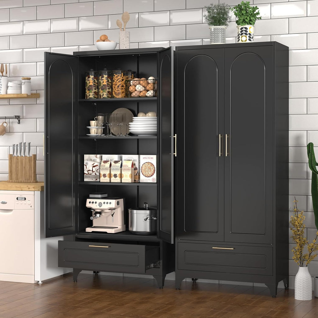 Black Pantry Kitchen Cabinet with Drawer, 75 Inch Metal Storage Cabinet with Doors and Shelves, Steel Food Pantries, Large Freestanding Cupboard for Living&Dining Room-Assemble Required