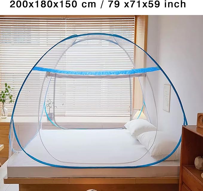 Pop Up Bed Net Tent for Bedroom with Net Bottom, Portable Double Door Travel Folding Design Bed Canopy, Foldable (79 x71x59 inch-Blue)