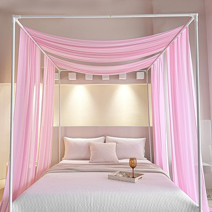 AIKASY Pink Bed Canopy Scarf for King - Luxury Sheer Canopy Bed Curtains with Light - Suitable for Four-Poster Bed, Metal Bed Frame, Wood Bed Frame -2pic