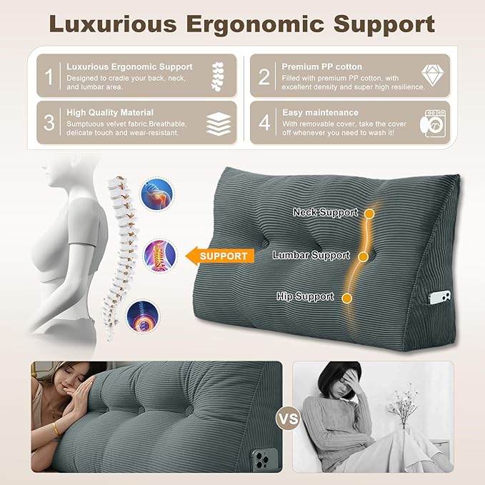 Headboard Pillow - Queen-Sized Headboard Wedge Pillow for Daybeds and Bunk Beds - Durable, Comfortable, with Removable Velvet Cover (Dark gray, 71x20x8Inches)