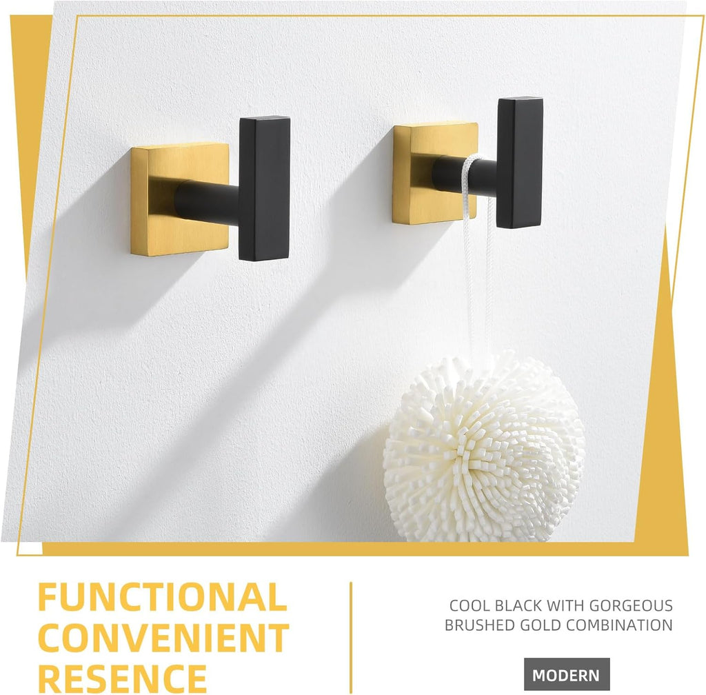Angle Simple Bathroom Towel Hook 2 Pack, SUS 304 Stainless Steel Bath Robe Coat Holder Wall Mounted, Black & Gold