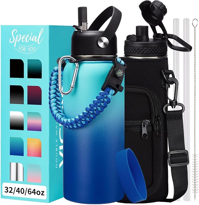 32oz/40oz/64oz Insulated Water Bottles - Vacuum Triple Walled Cold-48H Hot-24H, Water Bottle w/Straw & Chug Lid, Paracord Handle, Bottle Carrier, Stainless Steel Water Flask Mug for Sport Gym Yoga