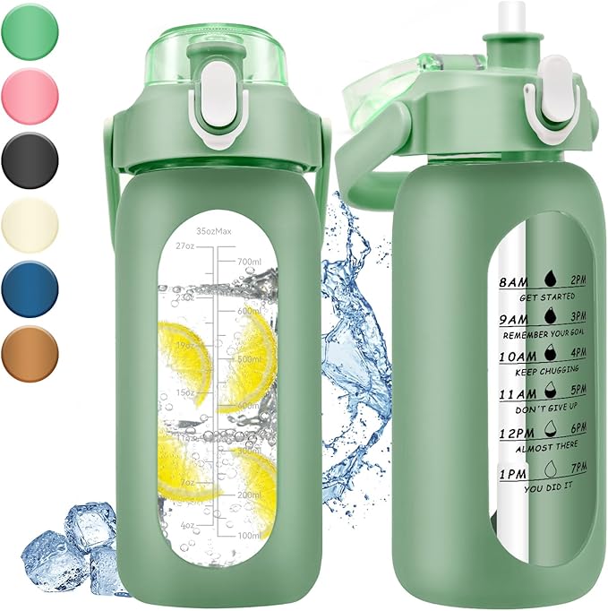 32 oz Glass Water Bottle with Time Marker - 1000ml Large Sports Motivational Water Bottles with Handle & Silicone Case, 1 Liter Leak-proof Measured Drinking Bottle for Gym Fitness Workout (Green)