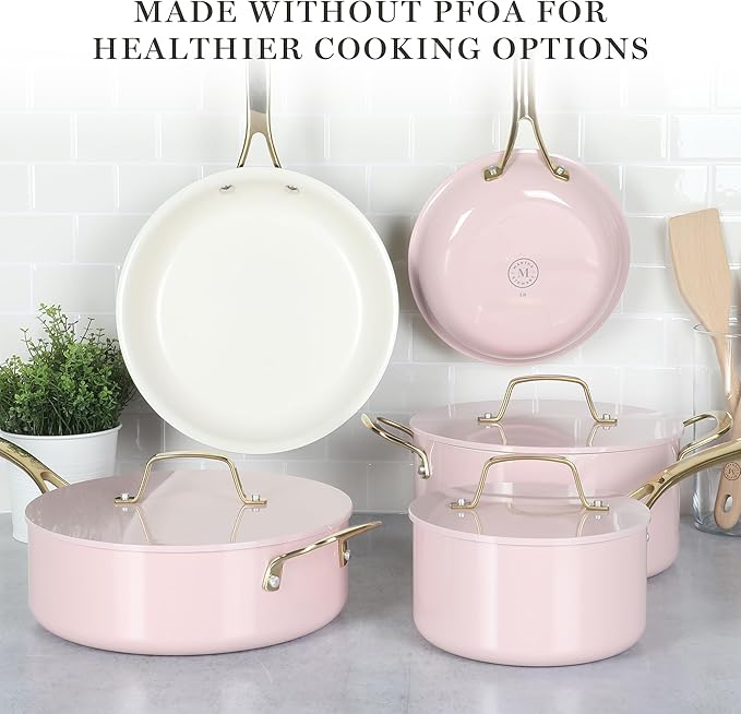 Martha Stewart Galway Premium Nonstick PFA Free Ceramic Interior 10 Piece Heavy Gauge Enamel Aluminum Pots and Pans Cookware Set W/Aluminum Lids - Pink W/Gold Handle