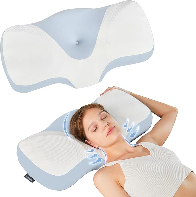 Cervical Pillow for Pain Relief Sleeping, Memory Foam Orthopedic Contour Neck Pillows for Bed with Breathable Pillowcase, Ergonomic Neck Support Pillows for Side, Back and Stomach Sleepers[Blue]